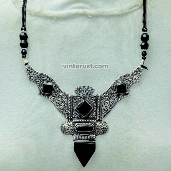 Antique Black Nepalese Triangular Pendant Necklace, Boho Chic Necklace - Picture 1 of 11
